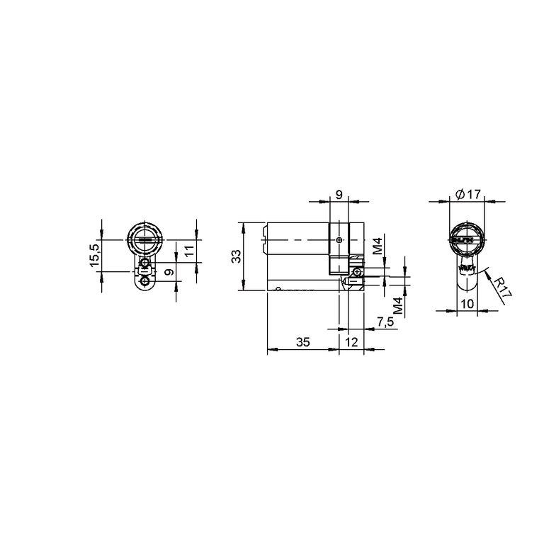 Elevator cylinder, on the reverse side two tap holes M4, laterally one tap hole M4